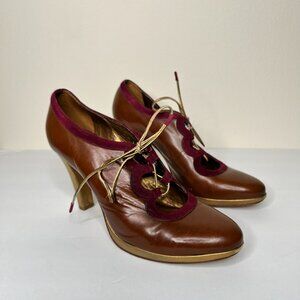 Leifsdottir Leather Lace-Up Heels | Brown & Burgundy | Size 9.5